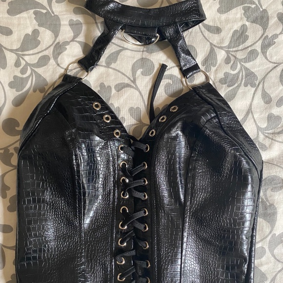 Dolls Kill Tops - Goth faux leather corset style top with halter neck (S)